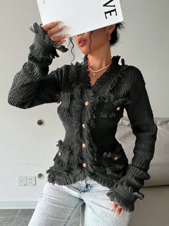 Sweaters - Black Casual Women's Patchwork Fringe Long Sleeve Single-Breasted Cardigan